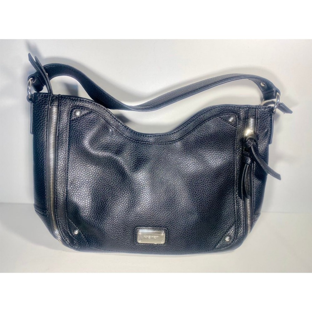 Nine West Black Pebbled Faux Leather Shoulder Bag Cheetah Lining Purse